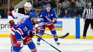 NEW YORK, NY - MARCH 09: New York Rangers Defenceman Tony DeAngelo (77) skates with the puck during the National Hockey League game between the New Jersey Devils and the New York Rangers on March 9, 2019 at Madison Square Garden in New York, NY. (Photo by Joshua Sarner/Icon Sportswire via Getty Images)