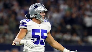 ARLINGTON, TEXAS - OCTOBER 20: Leighton Vander Esch #55 of the Dallas Cowboys celebrates a play in the first quarter against the Philadelphia Eagles at AT&T Stadium on October 20, 2019 in Arlington, Texas. (Photo by Richard Rodriguez/Getty Images)
