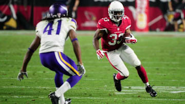 Dec 10, 2015; Glendale, AZ, USA; Arizona Cardinals running back Kerwynn Williams (33) carries the ball as Minnesota Vikings safety Anthony Harris (41) defends during the first half at University of Phoenix Stadium. Mandatory Credit: Matt Kartozian-USA TODAY Sports