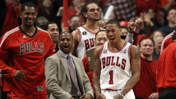 CHICAGO, IL - MAY 15: (L-R) Kurt Thomas #40, John Lucas III, Joakim Noah #13 and Derrick Rose #1 of the Chicago Bulls celebrate late in the fourth quarter against the Miami Heat in Game One of the Eastern Conference Finals during the 2011 NBA Playoffs on May 15, 2011 at the United Center in Chicago, Illinois. The Bulls won 103-82. NOTE TO USER: User expressly acknowledges and agrees that, by downloading and or using this photograph, User is consenting to the terms and conditions of the Getty Images License Agreement (Photo by Jonathan Daniel/Getty Images)