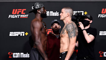 LAS VEGAS, NEVADA - FEBRUARY 04: (L-R) Opponents Chidi Njokuani and Marc-Andre Barriault of Canada face off during the UFC Fight Night weigh-in at UFC APEX on February 04, 2022 in Las Vegas, Nevada. (Photo by Chris Unger/Zuffa LLC)