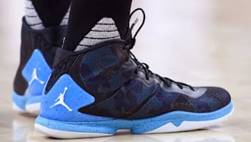 SACRAMENTO, CA - JANUARY 25: A detailed view of the Nike Air Jordan basketball shoes worn by Kemba Walker