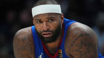 10 Apr. 2022; Denver, Colorado, USA; Denver Nuggets center DeMarcus Cousins (4) during the second half against the Los Angeles Lakers at Ball Arena. (Ron Chenoy-USA TODAY Sports)