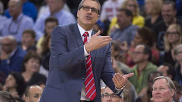 March 29, 2016; Oakland, CA, USA; Washington Wizards head coach Randy Wittman instructs against the Golden State Warriors during the third quarter at Oracle Arena. The Warriors defeated the Wizards 102-94. Mandatory Credit: Kyle Terada-USA TODAY Sports