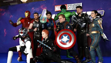 LONDON, ENGLAND - APRIL 10: Fans dressed as superheroes attend the "Avengers Endgame" UK Fan Event at the Picturehouse Central on April 10, 2019 in London, England. (Photo by John Phillips/Getty Images)