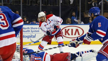 NEW YORK, NY - MAY 02: Henrik Lundqvist #30 of the New York Rangers blocks a shot by Alex Ovechkin #8 of the Washington Capitals during the first period in Game Two of the Eastern Conference Semifinals during the 2015 NHL Stanley Cup Playoffs at Madison Square Garden on May 2, 2015 in New York City. (Photo by Bruce Bennett/Getty Images)