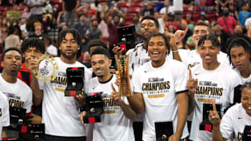 Jul 17, 2022; Las Vegas, NV, USA; The Portland Trail Blazers pose for photos after winning the NBA Summer League Championship game by defeating the New York Knicks 85-77 at Thomas & Mack Center. Center. Mandatory Credit: Stephen R. Sylvanie-USA TODAY Sports