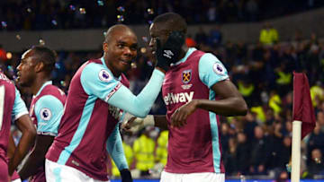 LONDON, ENGLAND - OCTOBER 26: Cheikhou Kouyate of West Ham United celebrates scoring with Angelo Ogbonna during the EFL Cup Fourth Round match between West Ham United and Chelsea at London Stadium on October 26, 2016 in London, England. (Photo by Arfa Griffiths/West Ham United via Getty Images)