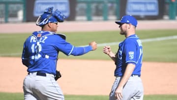 Kansas City Royals catcher Salvador Perez (13) and relief pitcher Wade Davis (71) celebrate after the game - Mandatory Credit: Tim Fuller-USA TODAY Sports