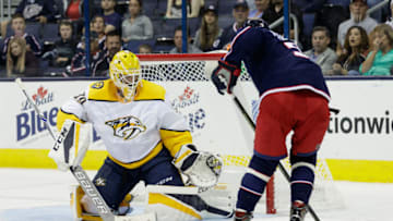 COLUMBUS, OH - SEPTEMBER 24: Columbus Blue Jackets left wing Artemi Panarin (9) takes a shot on goal while Nashville Predators goalie Anders Lindback (39) defends in the first period of a Preseason game between the Columbus Blue Jackets and the Nashville Predators on September 24, 2017, at Nationwide Arena in Columbus, OH. (Photo by Adam Lacy/Icon Sportswire via Getty Images)