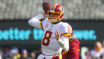 EAST RUTHERFORD, NJ - DECEMBER 31: Kirk Cousins #8 of the Washington Redskins throws a pass during warmups for the NFL game against the New York Giants at MetLife Stadium on December 31, 2017 in East Rutherford, New Jersey. (Photo by Ed Mulholland/Getty Images)