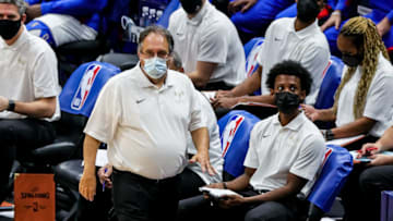 Jan 8, 2021; New Orleans, Louisiana, USA; New Orleans Pelicans head coach Stan Van Gundy looks on against Charlotte Hornets during the second quarter at Smoothie King Center. Mandatory Credit: Stephen Lew-USA TODAY Sports