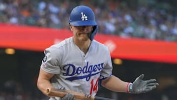 SAN FRANCISCO, CA - JUNE 08: Enrique Hernandez #14 of the Los Angeles Dodgers reacts after he strikes out swinging against the San Francisco Giants in the top of the fifth inning of a Major League baseball game at Oracle Park on June 8, 2019 in San Francisco, California. (Photo by Thearon W. Henderson/Getty Images)