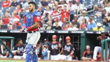 WASHINGTON, DC - JULY 15: Keibert Ruiz #7 of the Los Angeles Dodgers and the World Team leaves the game injured in the seventh inning against the U.S. Team during the SiriusXM All-Star Futures Game at Nationals Park on July 15, 2018 in Washington, DC. (Photo by Rob Carr/Getty Images)