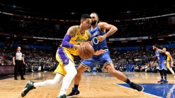 ORLANDO, FL - NOVEMBER 17: Kyle Kuzma #0 of the Los Angeles Lakers handles the ball against the Orlando Magic on November 17, 2018 at Amway Center in Orlando, Florida. NOTE TO USER: User expressly acknowledges and agrees that, by downloading and or using this photograph, User is consenting to the terms and conditions of the Getty Images License Agreement. Mandatory Copyright Notice: Copyright 2018 NBAE (Photo by Gary Bassing/NBAE via Getty Images)