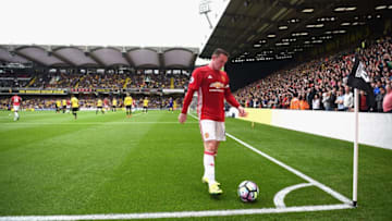 WATFORD, ENGLAND - SEPTEMBER 18: Wayne Rooney of Manchester United prepares to tae a corner kick during the Premier League match between Watford and Manchester United at Vicarage Road on September 18, 2016 in Watford, England. (Photo by Laurence Griffiths/Getty Images)