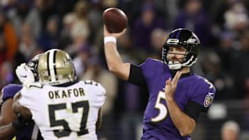 BALTIMORE, MD - OCTOBER 21: Quarterback Joe Flacco #5 of the Baltimore Ravens throws the ball in the fourth quarter against the New Orleans Saints at M&T Bank Stadium on October 21, 2018 in Baltimore, Maryland. (Photo by Rob Carr/Getty Images)