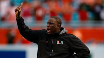 Nov 21, 2015; Miami Gardens, FL, USA; Miami Hurricanes interim head coach Larry Scott yells out during the second half against the Georgia Tech Yellow Jackets at Sun Life Stadium. Mandatory Credit: Steve Mitchell-USA TODAY Sports