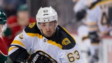 Feb 13, 2016; Saint Paul, MN, USA; Boston Bruins forward Brad Marchand (63) skates with the puck in the first period against the Minnesota Wild at Xcel Energy Center. Mandatory Credit: Brad Rempel-USA TODAY Sports