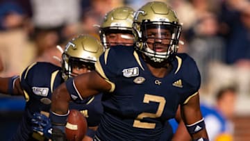 ATLANTA, GA - NOVEMBER 2: Tariq Carpenter #2 of the Georgia Tech Yellow Jackets celebrates an interception during the first half of the game against the Pittsburgh Panthers at Bobby Dodd Stadium on November 2, 2019 in Atlanta, Georgia. (Photo by Carmen Mandato/Getty Images)