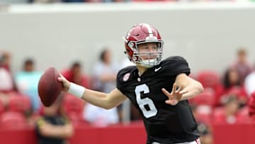 Apr 18, 2015; Tuscaloosa, AL, USA; Alabama Crimson Tide quarterback Blake Barnett (6) drops back to pass during the annual A-day game at Bryant Denny Stadium. Mandatory Credit: Marvin Gentry-USA TODAY Sports