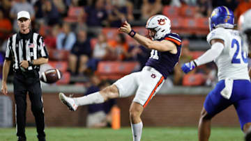 Auburn footballSep 10, 2022; Auburn, Alabama, USA; Auburn Tigers punter Oscar Chapman (91) kicks against the San Jose State Spartans in the fourth quarter at Jordan-Hare Stadium. Mandatory Credit: John Reed-USA TODAY Sports