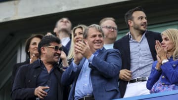 LONDON, ENGLAND - AUGUST 13: Chelsea Chairman and co-owner Todd Boehly stands to celebrate after Axel Disasi of Chelsea scores a goal to make it 1-1 during the Premier League match between Chelsea FC and Liverpool FC at Stamford Bridge on August 13, 2023 in London, England. (Photo by Robin Jones/Getty Images)