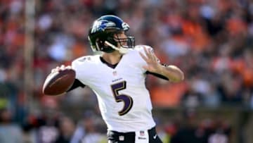 Oct 26, 2014; Cincinnati, OH, USA; Baltimore Ravens quarterback Joe Flacco (5) throws a pass during the third quarter against the Cincinnati Bengals at Paul Brown Stadium. Mandatory Credit: Andrew Weber-USA TODAY Sports