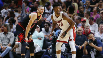 Zach LaVine #8 of the Chicago Bulls talks with Jimmy Butler #22 of the Miami Heat(Photo by Michael Reaves/Getty Images)