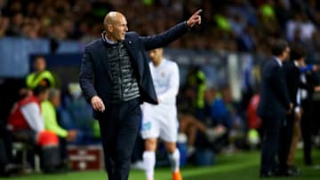 MALAGA, SPAIN - APRIL 15: Head Coach Zinedine Zidane of Real Madrid reacts during the La Liga match between Malaga CF and Real Madrid CF at Estadio La Rosaleda on April 15, 2018 in Malaga, Spain. (Photo by Aitor Alcalde/Getty Images)