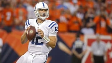 Sep 7, 2014; Denver, CO, USA; Indianapolis Colts quarterback Andrew Luck (12) looks to pass the ball during the first half against the against the Denver Broncos at Sports Authority Field at Mile High. Mandatory Credit: Chris Humphreys-USA TODAY Sports
