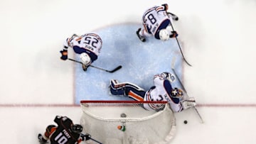 ANAHEIM, CA - APRIL 28: Darnell Nurse, Matthew Benning and Cam Talbot. (Photo by Sean M. Haffey/Getty Images)