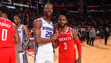 HOUSTON, TX - NOVEMBER 17: Harry Giles #20 of the Sacramento Kings and Chris Paul #3 of the Houston Rockets pose for a photo after a game on November 17, 2018 at Toyota Center in Houston, Texas. NOTE TO USER: User expressly acknowledges and agrees that, by downloading and/or using this photograph, User is consenting to the terms and conditions of the Getty Images License Agreement. Mandatory Copyright Notice: Copyright 2018 NBAE (Photo by Bill Baptist/NBAE via Getty Images)