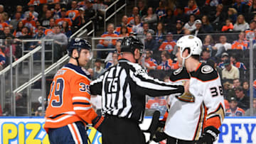 EDMONTON, AB - MARCH 30: Alex Chiasson #39 of the Edmonton Oilers exchanges words with Derek Grant #38 of the Anaheim Ducks on March 30, 2019 at Rogers Place in Edmonton, Alberta, Canada. (Photo by Andy Devlin/NHLI via Getty Images)