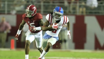 Sep 19, 2015; Tuscaloosa, AL, USA; Mississippi Rebels wide receiver Quincy Adeboyejo (8) runs for a touchdown at Bryant-Denny Stadium. The Rebels defeated the Tide 43-37. Mandatory Credit: Marvin Gentry-USA TODAY Sports