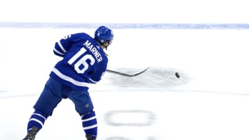 TORONTO, ONTARIO - AUGUST 04: Mitchell Marner #16 of the Toronto Maple Leafs warms up prior to Game Two of the Eastern Conference Qualification Round against the Columbus Blue Jackets prior to the 2020 NHL Stanley Cup Playoff at Scotiabank Arena on August 04, 2020 in Toronto, Ontario, Canada. (Photo by Andre Ringuette/Freestyle Photo/Getty Images)