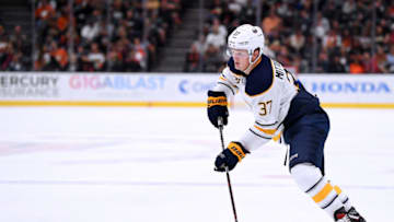 ANAHEIM, CA - OCTOBER 21: Casey Mittelstadt #37 of the Buffalo Sabres controls the puck during the game against the Anaheim Ducks at Honda Center on October 21, 2018 in Anaheim, California. (Photo by Harry How/Getty Images)
