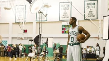 Sep 25, 2015; Waltham, MA, USA; Boston Celtics guard Avery Bradley (0) during media day at the Boston Celtic Practice Facility. Mandatory Credit: David Butler II-USA TODAY Sports