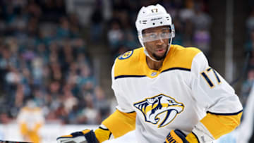 SAN JOSE, CA - MARCH 16: Nashville Predators right wing Wayne Simmonds (17) skates during a time out during the San Jose Sharks game versus the Nashville Predators on March 16, 2019, at SAP Center at San Jose in San Jose, CA. (Photo by Matt Cohen/Icon Sportswire via Getty Images)