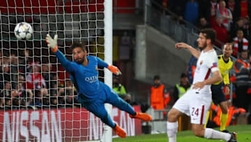LIVERPOOL, ENGLAND - APRIL 24: Alisson Becker of AS Roma fails to stop Roberto Firmino of Liverpool (not pictured) as he scores his sides fifth goal during the UEFA Champions League Semi Final First Leg match between Liverpool and A.S. Roma at Anfield on April 24, 2018 in Liverpool, United Kingdom. (Photo by Clive Brunskill/Getty Images)