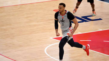 WASHINGTON, DC - APRIL 25: Daniel Gafford #21 of the Washington Wizards reacts after a play against the Cleveland Cavaliers during the second half at Capital One Arena on April 25, 2021 in Washington, DC. NOTE TO USER: User expressly acknowledges and agrees that, by downloading and or using this photograph, User is consenting to the terms and conditions of the Getty Images License Agreement. (Photo by Will Newton/Getty Images)