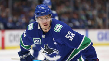 VANCOUVER, BC - OCTOBER 09: Bo Horvat #53 of the Vancouver Canucks prepares to take a face-off against the Los Angeles Kings during the first period at Rogers Arena on October 9, 2019 in Vancouver, Canada. (Photo by Ben Nelms/Getty Images)
