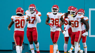 MIAMI GARDENS, FLORIDA - DECEMBER 13: Mecole Hardman #17 of the Kansas City Chiefs celebrates his touchdown off of a punt against the Miami Dolphins during the second half in the game at Hard Rock Stadium on December 13, 2020 in Miami Gardens, Florida. (Photo by Mark Brown/Getty Images)