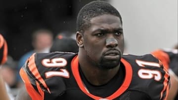 Oct 9, 2011; Jacksonville, FL, USA; Cincinnati Bengals defensive end Robert Geathers (91) reacts during warm up drills before a game against the Jacksonville Jaguars at EverBank Field. Mandatory Credit: Fernando Medina-USA TODAY Sports