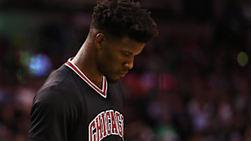 BOSTON, MA - APRIL 26: Jimmy Butler #21 of the Chicago Bulls looks on during the third quarter of Game Five of the Eastern Conference Quarterfinals against the Boston Celtics at TD Garden on April 26, 2017 in Boston, Massachusetts. (Photo by Maddie Meyer/Getty Images)