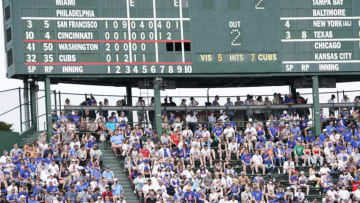 May 20, 2021; Chicago, Illinois, USA; A designated section of the center field bleachers for fully vaccinated fans during the sixth inning of a game between the Chicago Cubs and the Washington Nationals at Wrigley Field. Mandatory Credit: David Banks-USA TODAY Sports