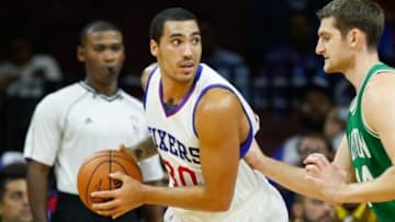 Oct 16, 2014; Philadelphia, PA, USA; Philadelphia 76ers forward Drew Gordon (30) in a game against the Boston Celtics at the Wells Fargo Center. The Celtics defeated the Sixers 111 to 91. Mandatory Credit: Bill Streicher-USA TODAY Sports