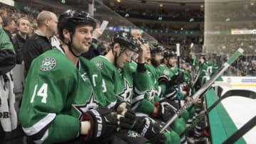 Jan 21, 2016; Dallas, TX, USA; Dallas Stars left wing Jamie Benn (14) watches his team take on the Edmonton Oilers during the third period at the American Airlines Center. Benn scores a goal. The Stars defeat the Oilers 3-2. Mandatory Credit: Jerome Miron-USA TODAY Sports