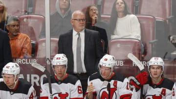 SUNRISE, FL - MARCH 18: New Jersey Devils of the New Jersey Devils looks on during third period action against the Florida Panthers at the FLA Live Arena on March 18, 2023 in Sunrise, Florida. (Photo by Joel Auerbach/Getty Images)