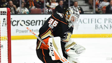 ANAHEIM, CA - NOVEMBER 15: John Gibson #36 of the Anaheim Ducks makes a save during the second period against the Boston Bruins at Honda Center on November 15, 2017 in Anaheim, California. (Photo by Harry How/Getty Images)